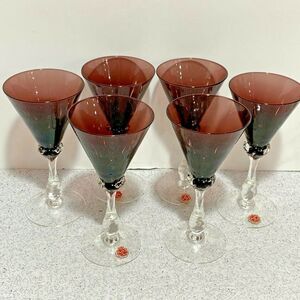 Wine Glasses Clear Crystal & Purple Hand Blown Glass Vintage Italian Set of 6